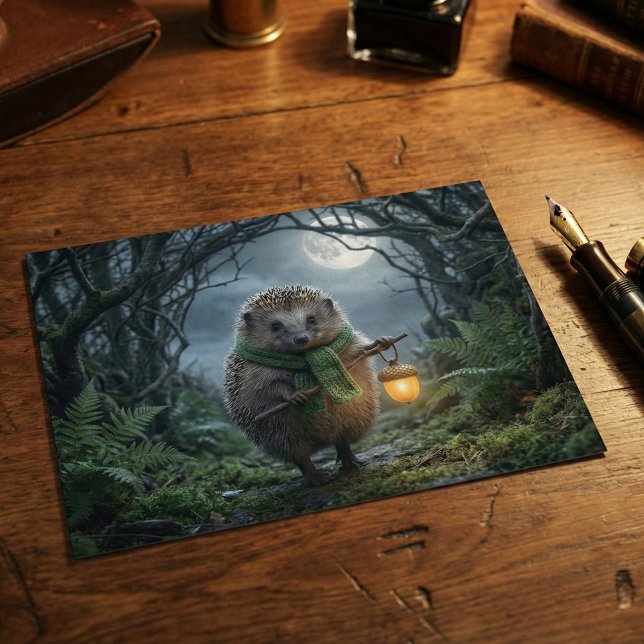 Cute Woodland Hedgehog Lantern | Thinking of You Postkarte (A postcard featuring a hedgehog holding a lantern on a moonlight walk. Woodlandcore forest pen pal)