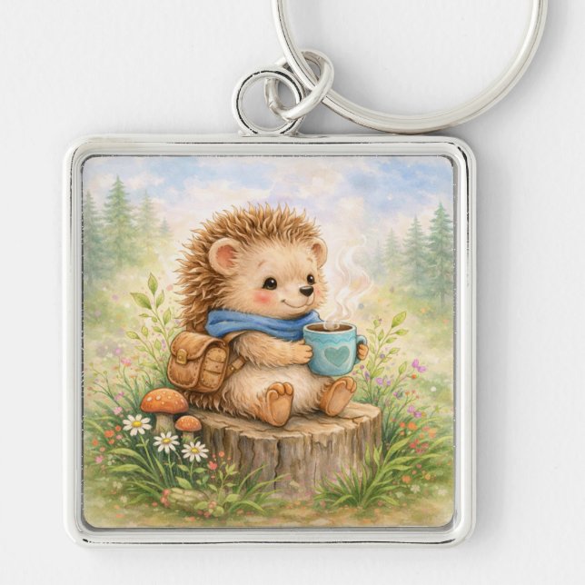 Cute Woodland Hedgehog With Mug Schlüsselanhänger (Vorne)