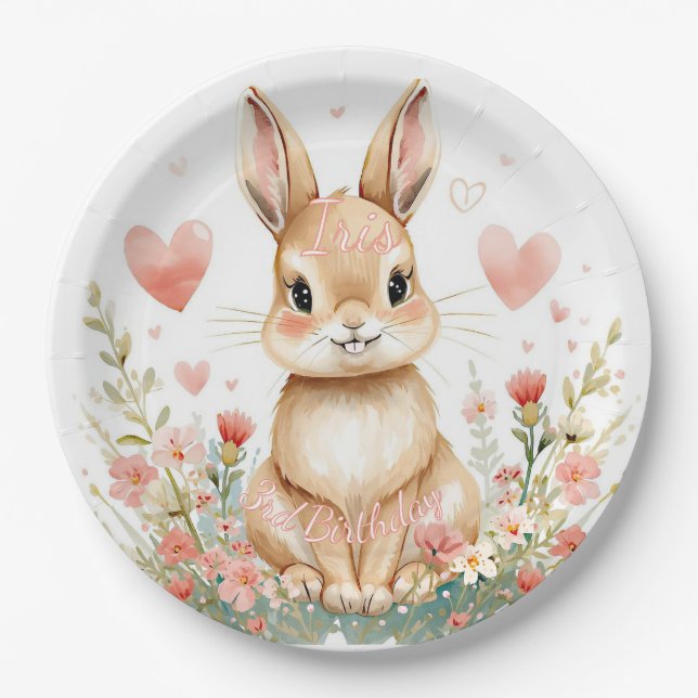 Cute Woodland Rabbit Pink Hearts Pastel Flowers Pappteller (Vorderseite)