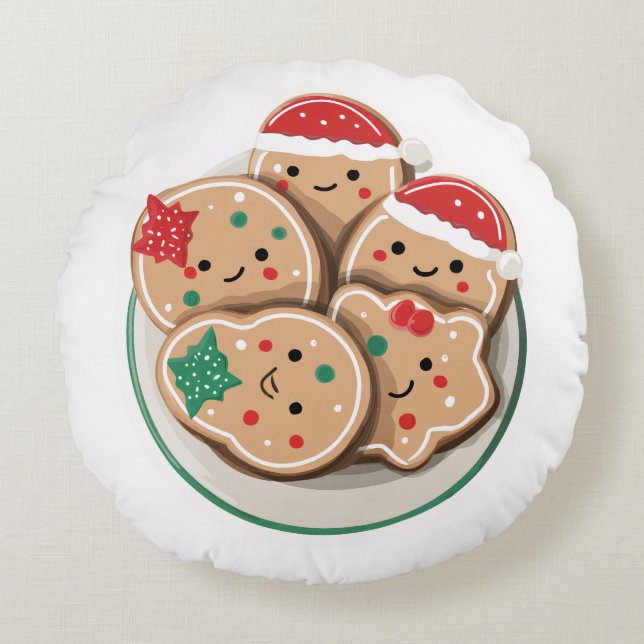 Cute Xmas Cookies on Plate – Smiling Holiday Rundes Kissen (Vorderseite)