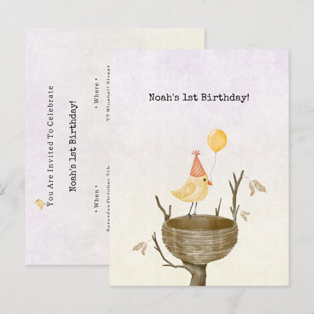 Cute Yellow Baby Bird With Balloon Invitation Brie Postkarte (Vorne/Hinten)
