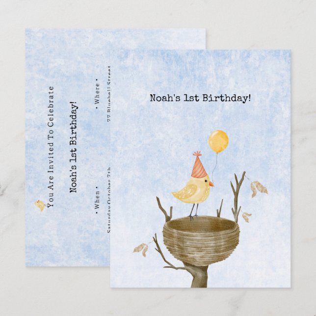 Cute Yellow Baby Bird With Balloon Invitation Postkarte (Vorne/Hinten)