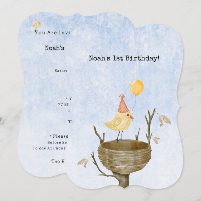 Cute Yellow Bird With Balloon Birthday Invitation Einladung (Vorne/Hinten)