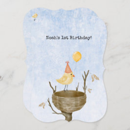 Cute Yellow Bird With Balloon Birthday Invitation Einladung