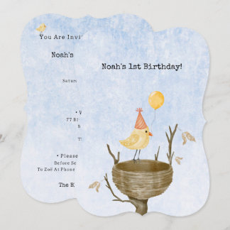 Cute Yellow Bird With Balloon Birthday Invitation Einladung