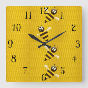 Cute Yellow Brown Abstract Honey Bees Pattern Quadratische Wanduhr