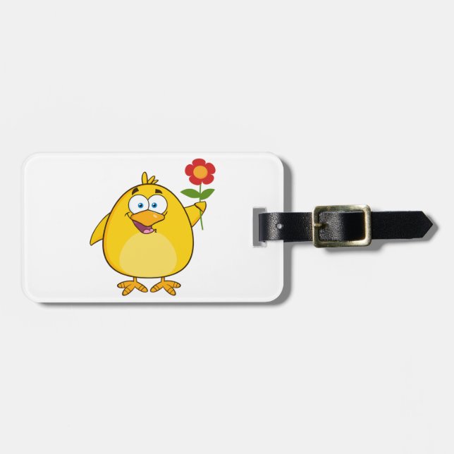 Cute Yellow Cartoon Chick with Flower Gepäckanhänger (Vorderseite horizontal)