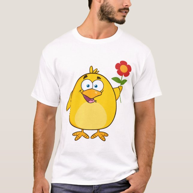 Cute Yellow Cartoon Chick with Flower T-Shirt (Vorderseite)