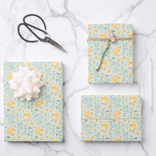 Cute Yellow Chicks and Flowers Pattern Geschenkpapier Set (Vorderseite)