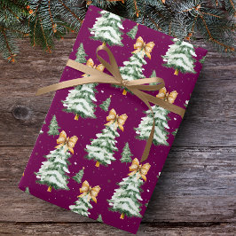 Cute yellow Coquette bows Christmas trees magenta Geschenkpapier