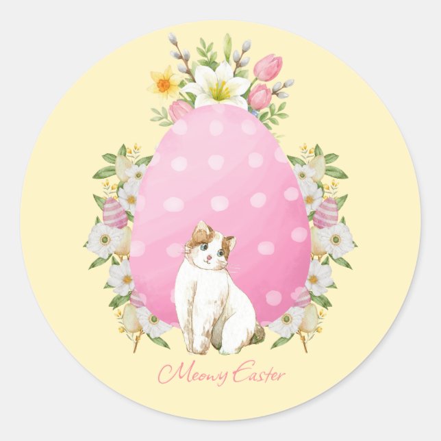 Cute Yellow Floral Easter Cat Runder Aufkleber (Vorderseite)