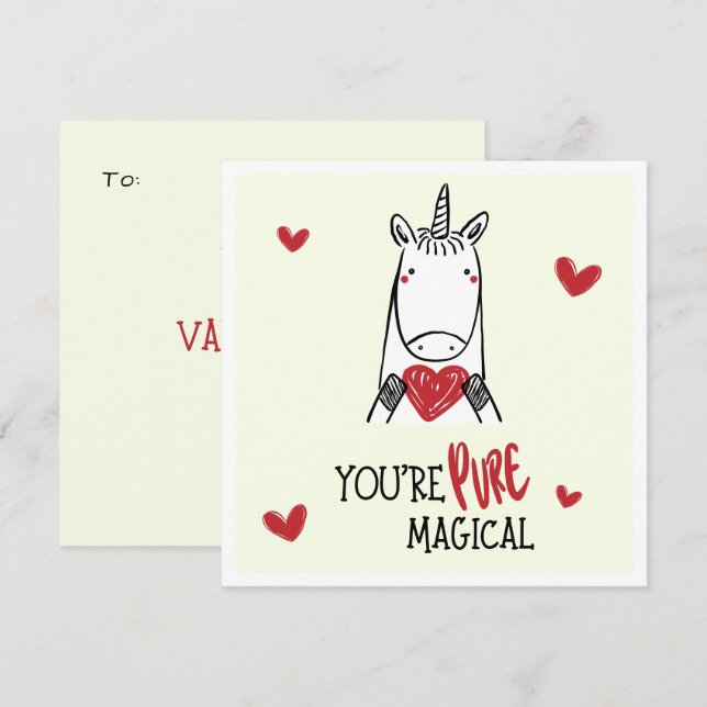 Cute Yellow Red Hearts Unicorn Kids Valentines Day Mitteilungskarte (Vorne/Hinten)