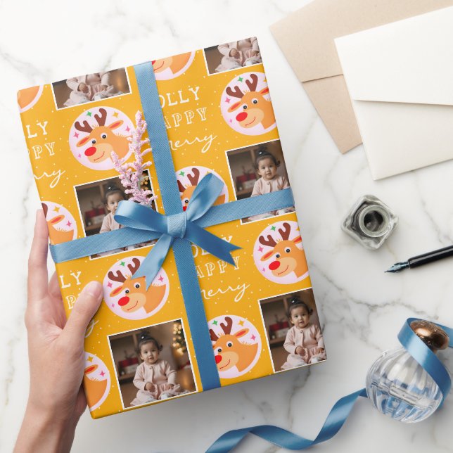 Cute Yellow Reindeer Family Photo Christmas  Geschenkpapier (Schenken)