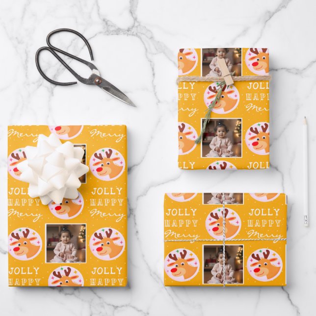 Cute Yellow Reindeer Family Photo Christmas  Geschenkpapier Set (Vorderseite)