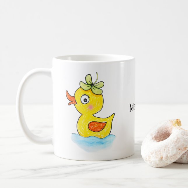 Cute Yellow Rubber Duck with Clover Hat Custom Kaffeetasse (Mit Donut)