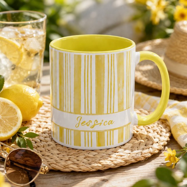 Cute Yellow Striped Custom Name Coffee Tasse (Von Creator hochgeladen)