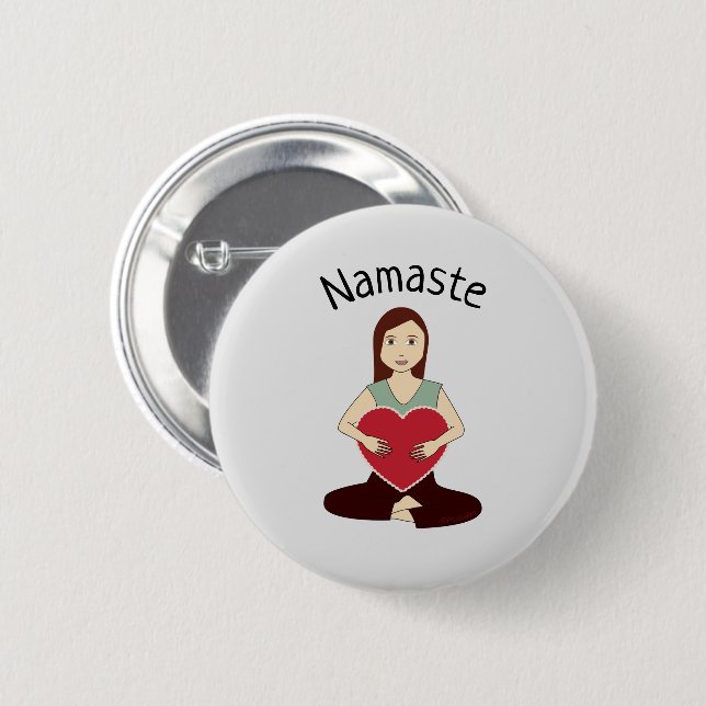 Cute Yoga Girl holding Red heart Namaste Button (Vorne & Hinten)