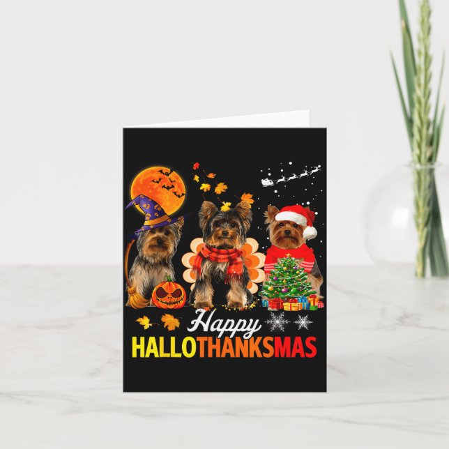 Cute Yorkie Happy Hallothanksmas Halloween Thanksg Karte (Vorderseite)