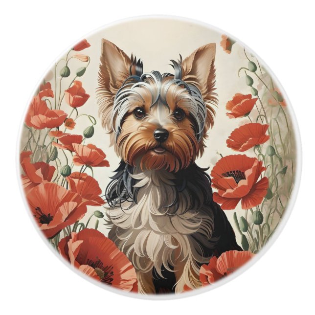 Cute Yorkshire Terrier Botanical Red Poppies Keramikknauf (Vorderseite)