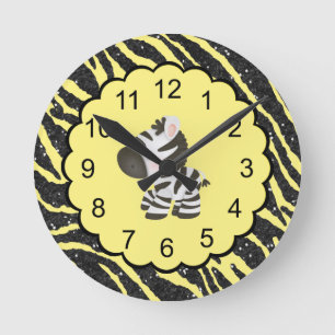 Cute Zebra & Yellow & Black Glitter Animal Print Runde Wanduhr