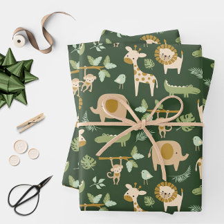 CuteJungle Tiere im dunkelgrünen Hintergrund Geschenkpapier Set