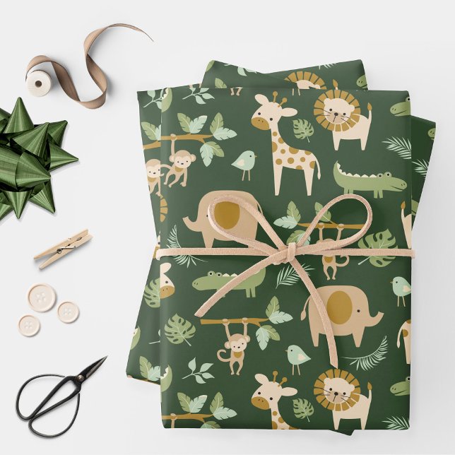 CuteJungle Tiere im dunkelgrünen Hintergrund Geschenkpapier Set (Von Creator hochgeladen)