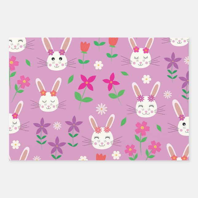 CuteOsterbunnies mit rosa Orange Lila Blume Geschenkpapier Set (Vorderseite)