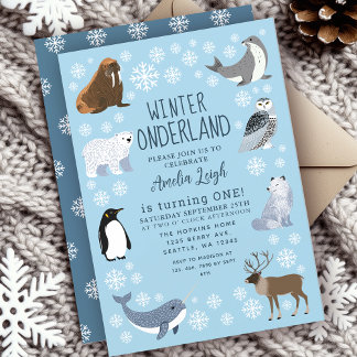 Cuter Animals Winter Onederland Kids 1st Birthday Einladung