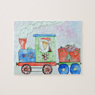 Cutie in ihrem Weihnachtszug Aquarellmalerei Puzzle