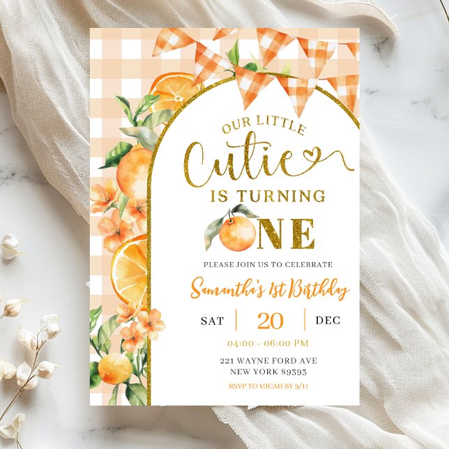 Cutie Orange Gingham 1. Geburtstag Einladung (Von Creator hochgeladen)
