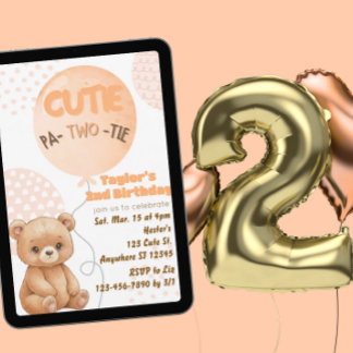 Cutie Pa-TWO-tie Peach Bear Balloons 2nd Birthday Einladung