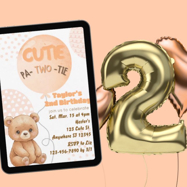 Cutie Pa-TWO-tie Peach Bear Balloons 2nd Birthday Einladung (Von Creator hochgeladen)