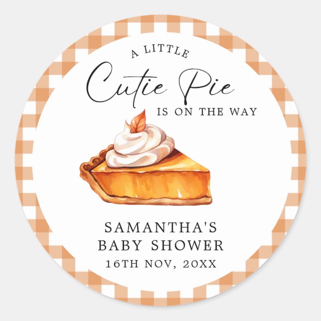 Cutie Pie Pumpkin Fall Gingham Baby Shower  Runder Aufkleber (Vorderseite)