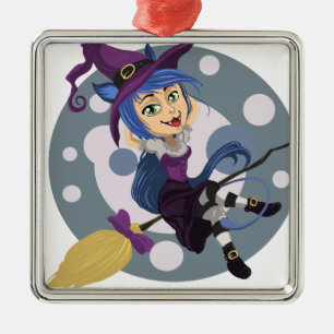 Cutie Witch with broom Halloween Silbernes Ornament