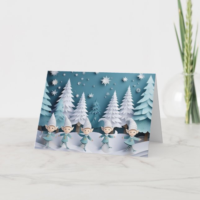 Cutout Elves in the Snow Personalized Christmas  Karte (Vorderseite)