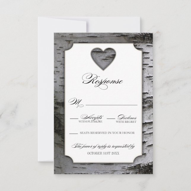 Cutout Heart Birch Tree Bark Wedding RSVP Cards (Vorderseite)