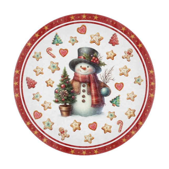 Cutting Board Round Snowman and Christmas Cookies Schneidebrett (Vorderseite)