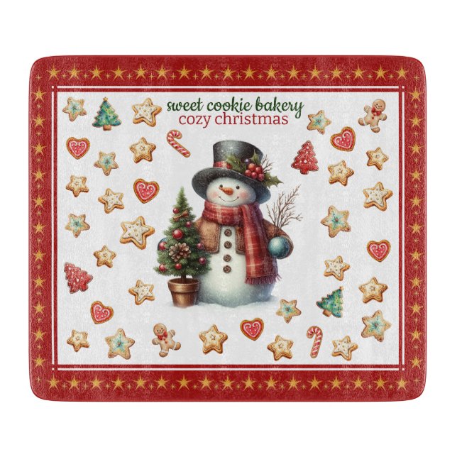 Cutting Board Square Snowman and Christmas Cookies Schneidebrett (Vorderseite)