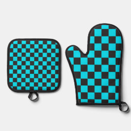 Cyan and charcoal checkerboard pattern ofenhandschuh & Topflappen-Set