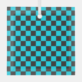 Cyan and charcoal checkerboard pattern ornament aus glas