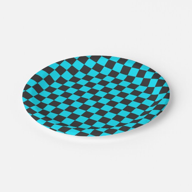 Cyan and charcoal checkerboard pattern pappteller (Schrägansicht)