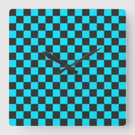 Cyan and charcoal checkerboard pattern quadratische wanduhr