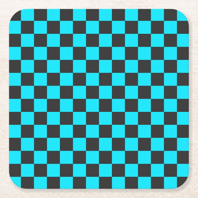 Cyan and charcoal checkerboard pattern rechteckiger pappuntersetzer (Vorderseite)