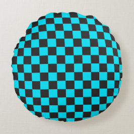 Cyan and charcoal checkerboard pattern rundes kissen