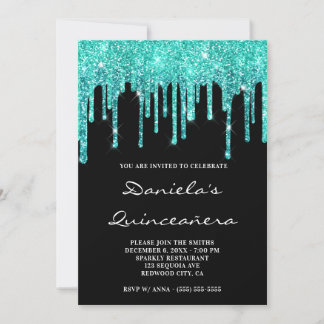 Cyan Aquamarin Glitzer Tropfen Black Quinceañera Einladung