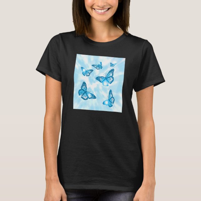 Cyan Ästhetik Pastel Butterfly und Blue Gefärbte K T-Shirt (Vorderseite)