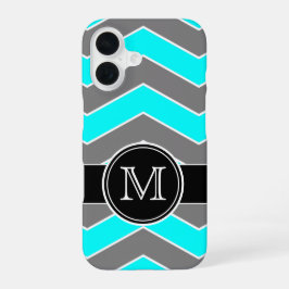 Cyan Blau, Grau, Schwarzer Chevron, Monogramm iPhone 16 Hülle