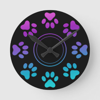 Cyan Blau Lila Pfotenabdrücke Design Hund Katze Li Runde Wanduhr