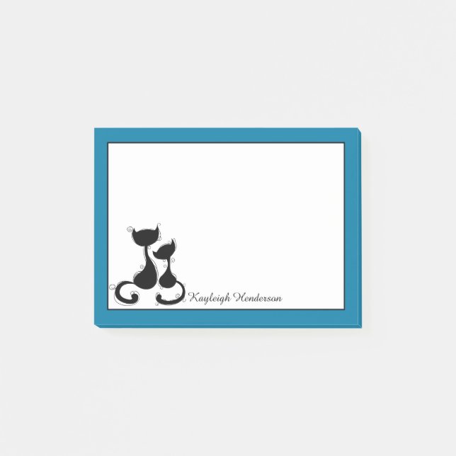 Cyan-blaue blaue schwarze Katzen-Silhouette Post-it Klebezettel (Vorderseite)