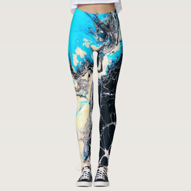 Cyan-blaues und flüssiges Acrylfarbe Leggings (Vorderseite)
